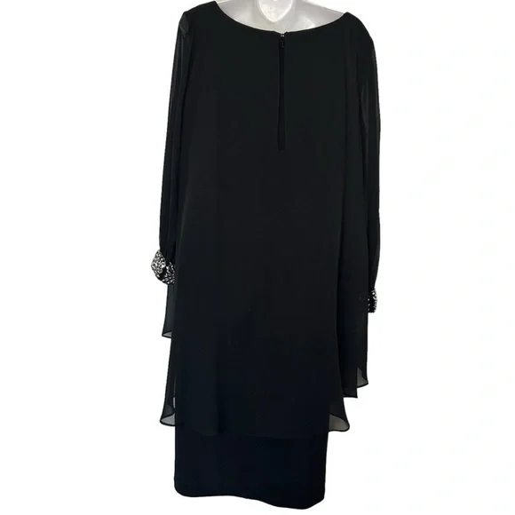 Alex Evenings BLACK JERSEY CHIFONN LONG SLEEVED DRESS WITH BEADED CUFFS size 16W - Picture 3 of 10